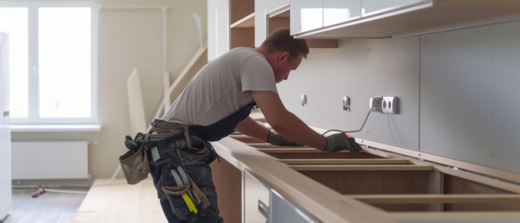 Carpenter carefully installs kitchen cabinetry, emphasizing skilled trade and precision craftsmanship