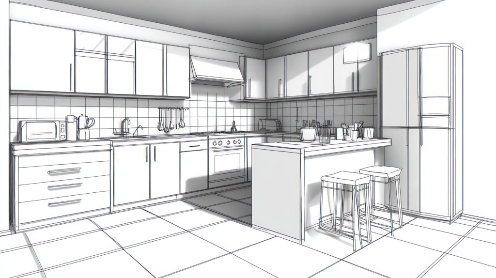 Wireframe sketch of modern kitchen design with island, cabinets, and appliances.